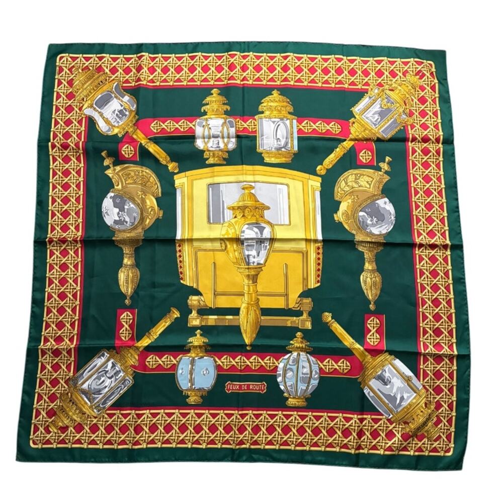 Hermes Feux De Route Vintage 90cm Green Red Silk Scarf Carre
